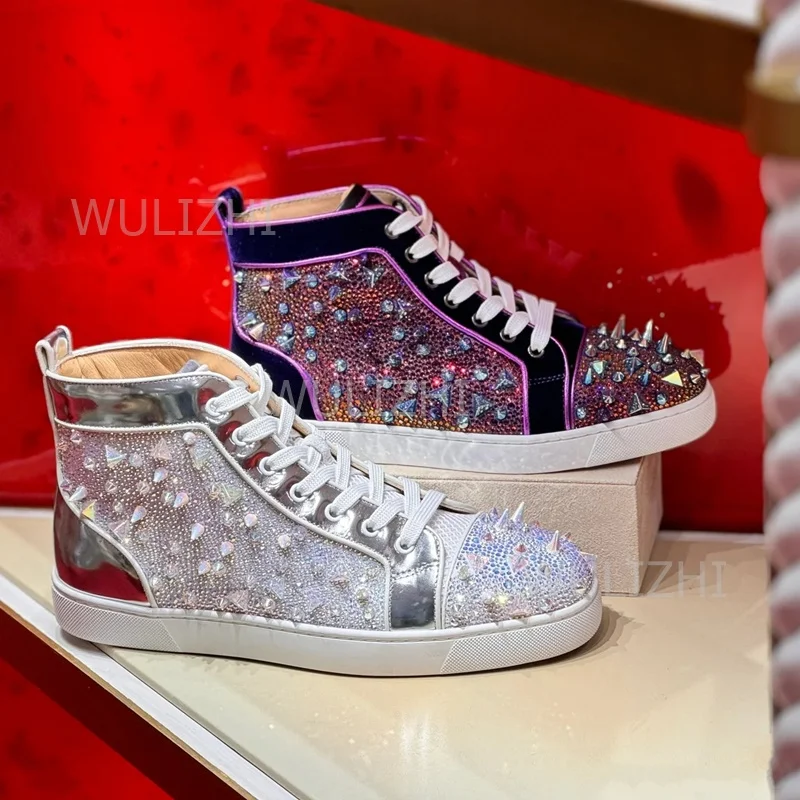 Men Shoes Runners - Ciemnofioletowe sneakersy męskie z kryształowymi nitami,